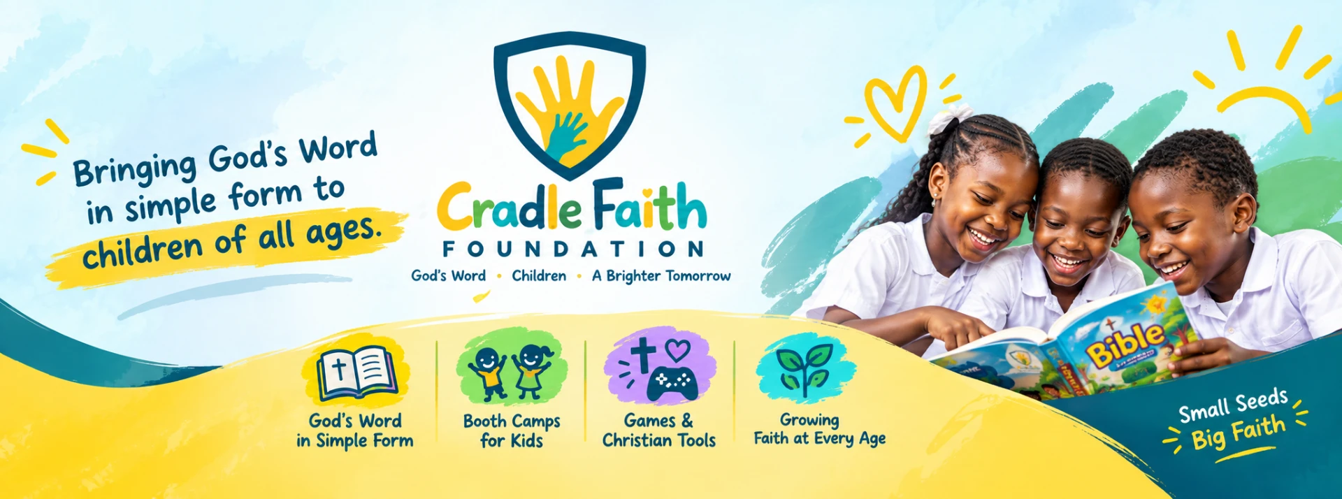 Cradle Faith Foundation mission, programmes, and children reading together
